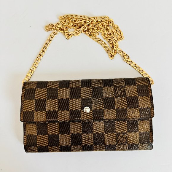 AUTHENTIC LOUIS VUITTON DAMIER EBENE 3-FOLD LONG WALLET WITH CHAIN STRAP TH1001 - Picture 1 of 15